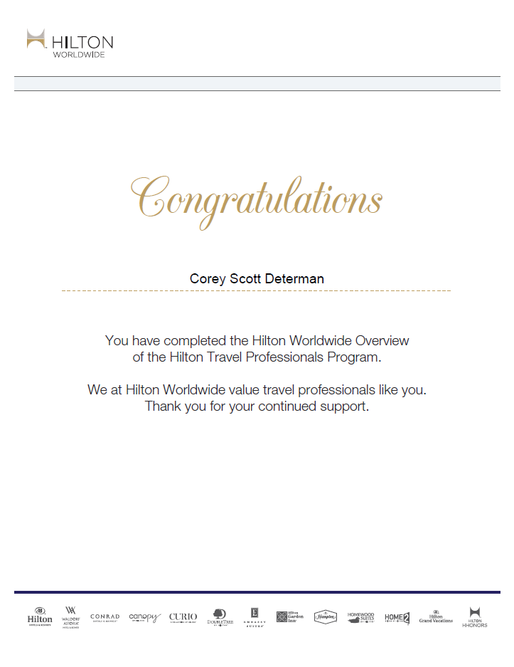 Hilton certified Travel Agent